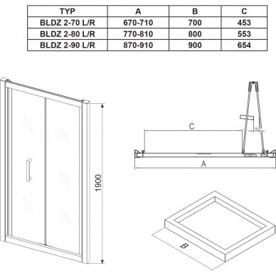 Dušo kabinos komplektas Ravak 80, 90 cm: durys Blix BLDZ2 + stacionari sienelė BLPSZ