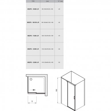 Kampinė dušo kabina Ravak Matrix MSDPS 100, 110, 120 cm