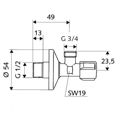 Kampinis ventilis Schell 1/2" x 3/4" Comfort skalbimo mašinai, indaplovei 1