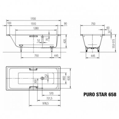Plieninė vonia Kaldewei Puro Star 160, 170, 180, 190 cm su skylėms rankenėlėms 1