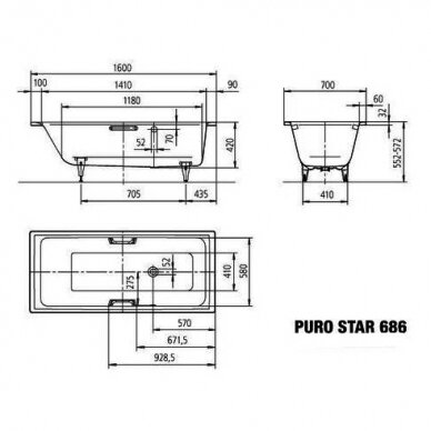 Plieninė vonia Kaldewei Puro Star 160, 170, 180, 190 cm su skylėms rankenėlėms 2