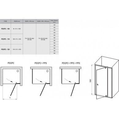Dušo komplektas: kabina Ravak PDOP1 80, 90 cm + PPS su padėklu, sifonu, apdaila, kojomis
