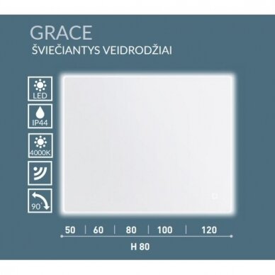 Šviečiantis veidrodis Kamė Grace 50, 60, 80, 100, 120 cm