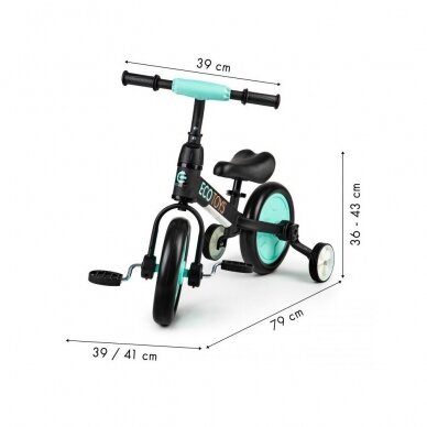 Triratis-balanso dviratis 3in1 Ecotoys su pagalbiniais ratukais, mėtinis