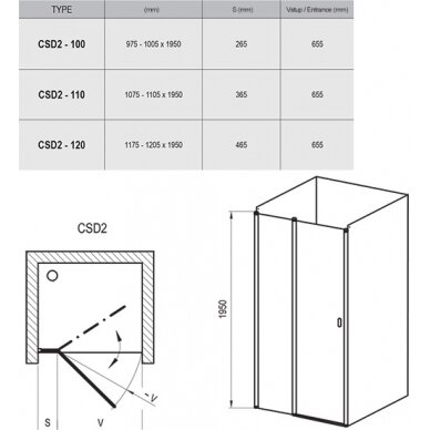 Varstomos dušo durys Ravak Chrome CSD2 100, 110, 120 cm 2